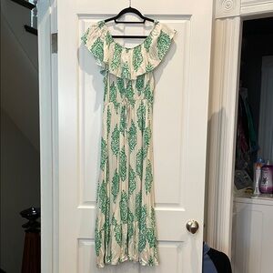 Jaki Green and White Ruffled Off-the-Shoulder Maxi Dress
